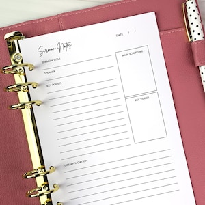 A5 Sermon Notes Inserts PRINTED Church Notes Christian Planner Inserts Bible Study Inserts Faith Planner 6 Ring Inserts