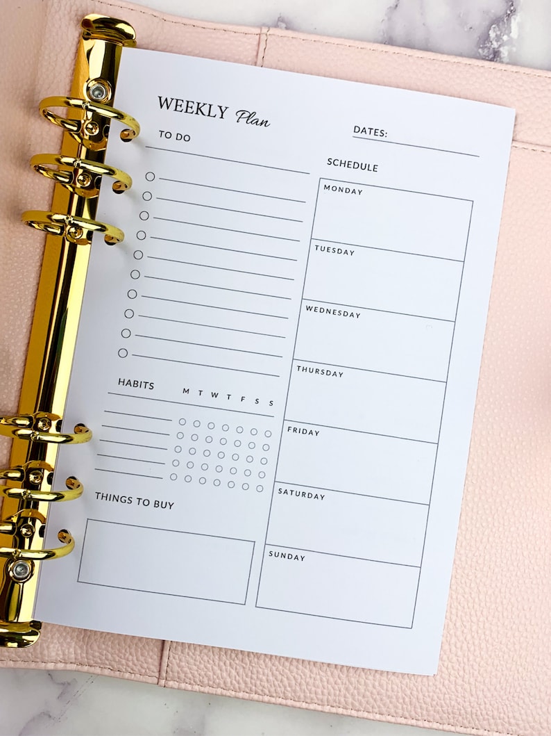 This listing is for a5 size weekly planner inserts. Includes habit tracker and to-do list.