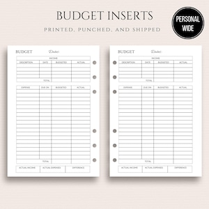 May include: Two white budget insert pages with black text. The top of the pages read "BUDGET INSERTS" and "PRINTED. PUNCHED, AND SHIPPED." Each page has sections for income and expenses, with columns for description, date, budgeted, and actual.