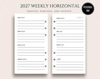 May include: A white weekly planner insert with horizontal lines for each day of the week. The text "2027 WEEKLY HORIZONTAL" is at the top, with the dates and days of the week listed. The planner is designed for a personal size.