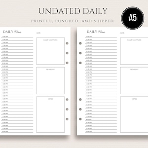 A5 Undated Daily Insert with Hourly Detail PRINTED Day On One Page Insert