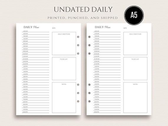 A5 Undated Daily Insert with Hourly Detail PRINTED Day On One Page Insert