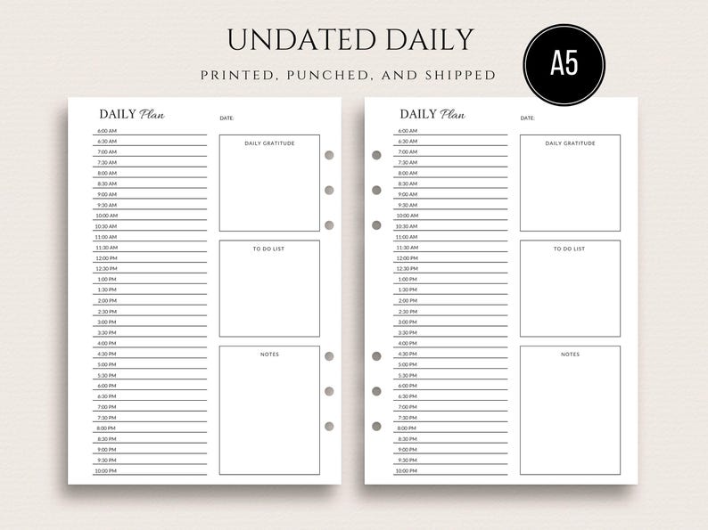 A5 Undated Daily Insert with Hourly Detail PRINTED Day On One Page Insert image 1