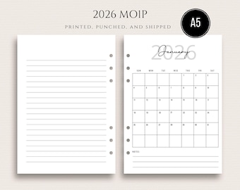 A5 2026 Month On One Page PRINTED Monthly Inserts MO1P Planner Inserts Sunday or Monday Start MO1P