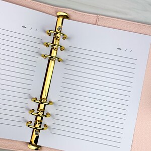 Pu&ograve; includere: Un'agenda rilegata in pelle rosa con anelli dorati e carta bianca rigata. L'agenda ha la parola "data" scritta su entrambi i lati delle pagine.