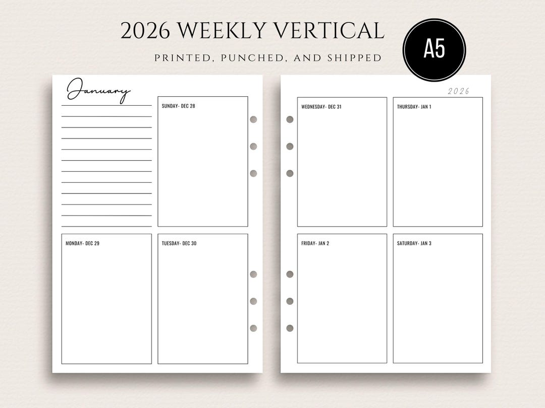 Printed A5 2026 Dated Weekly Vertical Planner Inserts Weekly Vertical ...