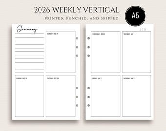 Printed A5 2026 Dated Weekly Vertical Planner Inserts Weekly Vertical Spread A5 Weekly  Week on Two Pages Sunday or Monday Start 2026