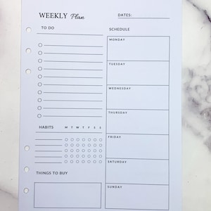 This listing is for a5 size weekly planner inserts. Includes habit tracker and to-do list.