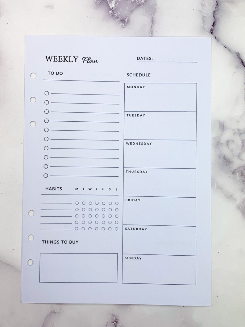 This listing is for a5 size weekly planner inserts. Includes habit tracker and to-do list.