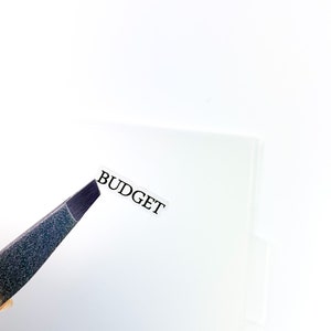 K&ouml;nnte beinhalten: Nahaufnahme eines wei&szlig;en Etiketts mit dem Wort "BUDGET" in Schwarz gedruckt. Das Etikett wird von einer Pinzette gehalten.
