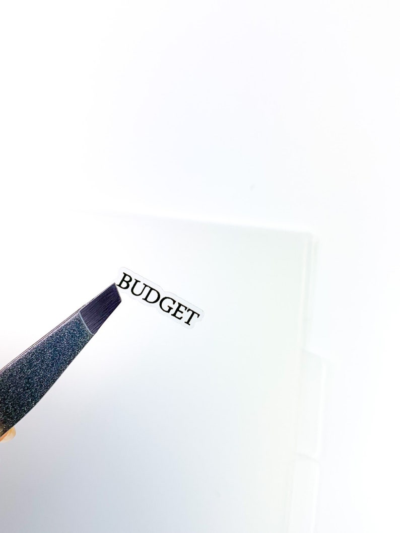 K&ouml;nnte beinhalten: Nahaufnahme eines wei&szlig;en Etiketts mit dem Wort "BUDGET" in Schwarz gedruckt. Das Etikett wird von einer Pinzette gehalten.