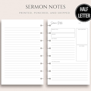 May include: White sermon notes pages with lined paper and a section for notes. The pages are designed to be punched and placed in a binder. The text "SERMON NOTES" is at the top, with "HALF LETTER" in a black circle.