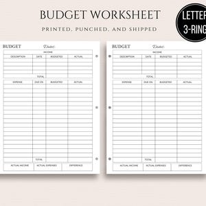 May include: Two white budget worksheets with black text. The worksheets are designed for income and expense tracking, with sections for descriptions, dates, budgeted amounts, and actual amounts. The text "Budget Worksheet" is at the top.