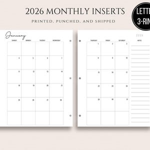 May include: Two-page spread of 2026 monthly inserts for a 3-ring binder. The left page shows a January calendar layout with dates. The right page has a calendar and a notes section. Text includes "2026 Monthly Inserts" and "Printed, Punched, and Shipped."