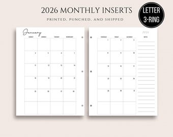 2026 Letter Size 3-Ring Monthly Calendar Inserts  Sunday or Monday Start 8.5 x 11 Ring Inserts
