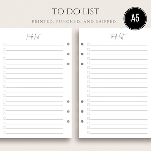 May include: Two white A5 paper sheets for a to-do list, each featuring the text 'TO DO LIST' at the top, a script 'To-do list' header, horizontal lines, checkboxes, and six circular punch holes along the side for binder insertion.
