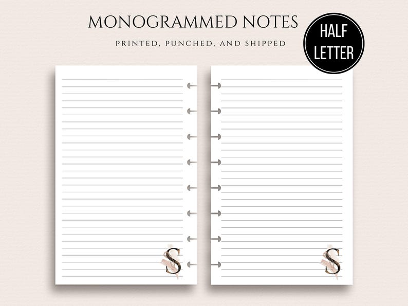 Printed Half Letter Disc Bound Note Paper With Initial Monogram Lined ...