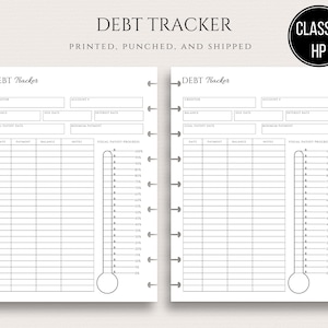 May include: A white debt tracker planner with the title "Debt Tracker" at the top. The planner includes sections for creditor, account, balance, due date, interest rate, and payment details. A visual progress thermometer is on the right.
