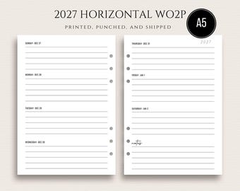 2027 A5 Weekly Horizontal Planner Inserts WO2P Weekly Horizontal Spread A5 Weekly Week on Two Pages Sunday or Monday Start