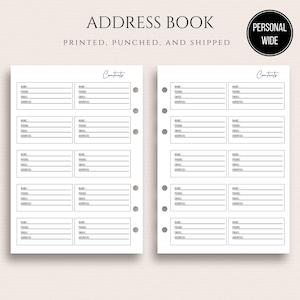 May include: Address book pages with lined sections for contact information. The pages are white with black text and a header that reads "Contents." The top of the page has the words "Address Book" and "Personal Wide" in a black circle.