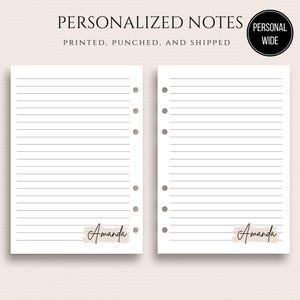 May include: Two lined notepaper sheets with the name "Amanda" printed at the bottom. The text "PERSONALIZED NOTES" is at the top, with "PRINTED. PUNCHED. AND SHIPPED" below it. A black circle with "PERSONAL WIDE" is in the upper right corner.