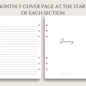 Peut inclure: Deux pages blanches d'un planificateur. La page de gauche comporte des lignes horizontales. La page de droite indique "Janvier" en cursive et "2027" en bas. Le texte "MONTHLY COVER PAGE AT THE START OF EACH SECTION" est en haut.
