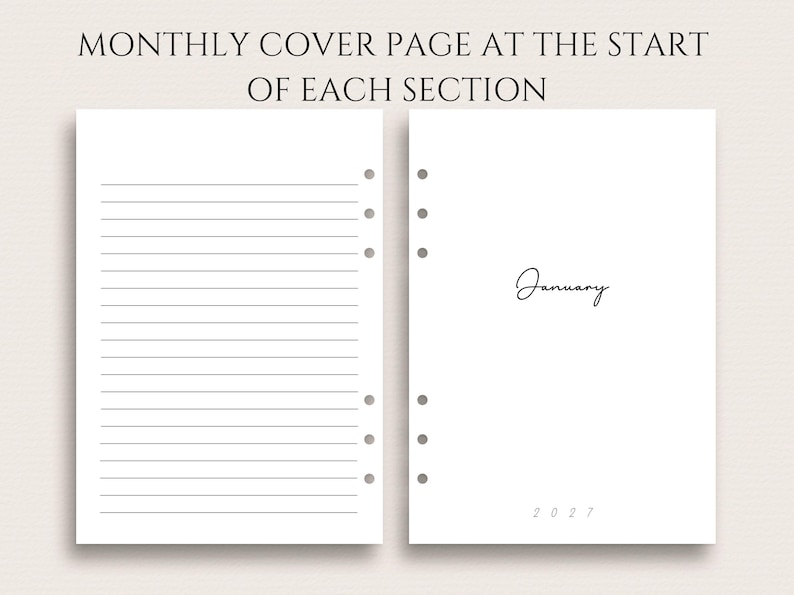 Peut inclure: Deux pages blanches d'un planificateur. La page de gauche comporte des lignes horizontales. La page de droite indique "Janvier" en cursive et "2027" en bas. Le texte "MONTHLY COVER PAGE AT THE START OF EACH SECTION" est en haut.