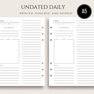 A5 Daily Inserts UNDATED Day On One Page A5 DO1P A5 Daily Productivity Inserts with Hourly Schedule Time Block