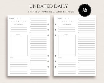 A5 Daily Inserts UNDATED Day On One Page A5 DO1P A5 Daily Productivity Inserts with Hourly Schedule Time Block
