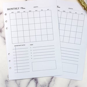 A5 Month on One Page Inserts