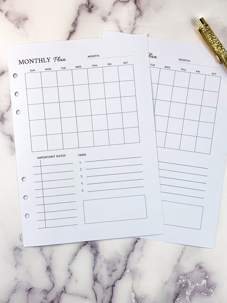 A5 Month on One Page Inserts