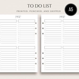May include: Two A5 size to-do list sheets with a minimalist design. Each sheet has a header that says "To Do List" and includes checkboxes and rectangular spaces for notes. The text "Printed, Punched, and Shipped" is above the sheets.