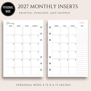 Printed 2027 PERSONAL WIDE Dated Monthly Inserts Monthly 2 Page Planner Spread Month on Two Page Sunday or Monday Start 2027 MO2P