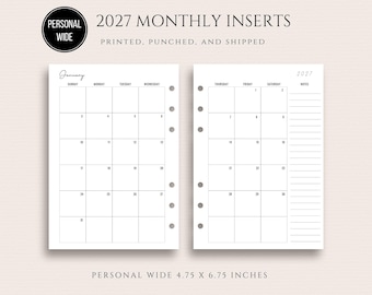 Printed 2027 PERSONAL WIDE Dated Monthly Inserts Monthly 2 Page Planner Spread Month on Two Page Sunday or Monday Start 2027 MO2P