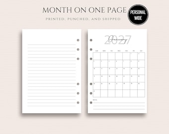2027 PERSONAL WIDE Insertos mensuales Insertos de planificador de una página con un mes Diseño de vista mensual Inicio en domingo o lunes MO1P