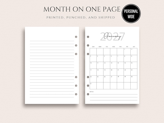 2027 PERSONAL WIDE  Monthly Inserts Month On One Page Planner Inserts Month At A Glance Layout Sunday or Monday Start MO1P