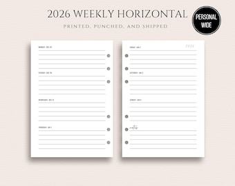 Printed 2026 Personal Wide Weekly Horizontal Inserts Personal Wide Rings Week on Two Pages Sunday or Monday Start 2026 WO2P