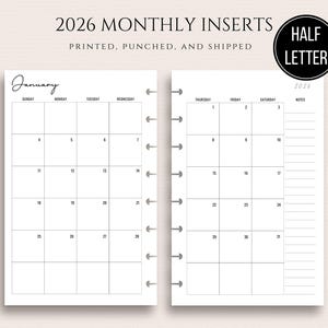 2026 Half Letter Disc Bound Monthly Inserts MO2P Monthly 2 Page Planner Spread Month on Two Page Sunday or Monday Start