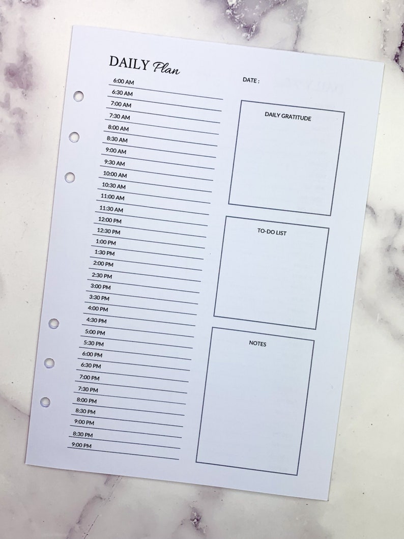 May include: A daily planner with sections for daily gratitude, to-do list, and notes. The planner has a time slot for each hour from 6:00 AM to 9:00 PM.