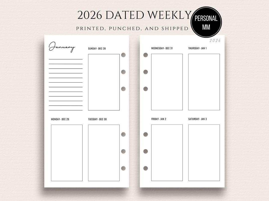Personal 2026 Weekly Inserts Week on Two Pages Weekly Vertical Spread ...