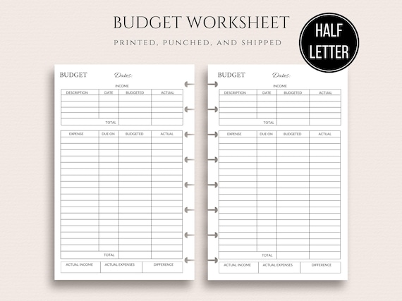PRINTED Half Letter Budget Inserts Budget Worksheet Junior Disc Inserts Weekly or Biweekly Budget Insert