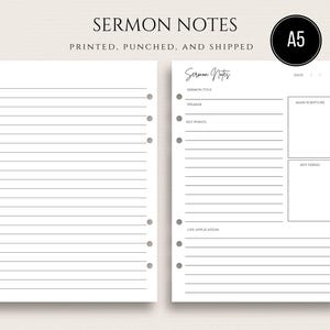 A5 Sermon Notes Inserts PRINTED Church Notes Christian Planner Inserts Bible Study Inserts Faith Planner 6 Ring Inserts