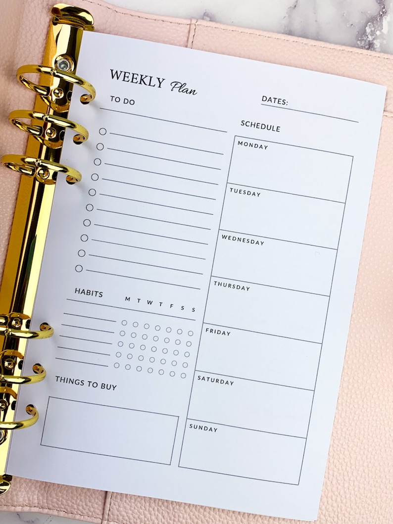This listing is for a5 size weekly planner inserts. Includes habit tracker and to-do list.