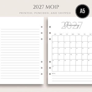 May include: A5-sized planner inserts with a 2027 calendar and lined pages. The calendar page features a January 2027 calendar grid. The text "2027 MOIP PRINTED, PUNCHED, AND SHIPPED" is at the top. The planner pages are white with black text.