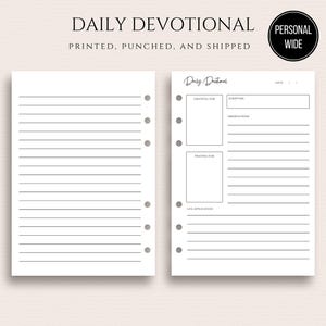 May include: Two white paper pages with gray lines and pre-punched holes for a binder. One page is lined, the other has sections for gratitude, scripture, and observations. The text "Daily Devotional" is at the top.