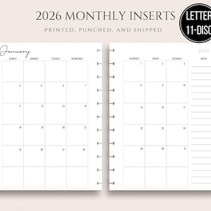 May include: White 2026 monthly planner inserts with a minimalist design. The left page displays the month of January, with a calendar grid. The right page includes a calendar grid and a notes section. The text "2026 Monthly Inserts" is at the top.
