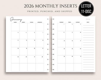 2027 Letter Size Discbound Monthly Calendar Inserts  Monthly 11 Disc Calendar Insert Sunday or Monday Start 8.5 x 11 with 11 Disc Punch