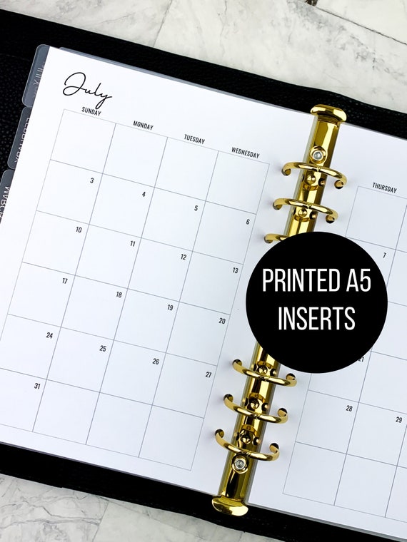 Printed A5 Dated Monthly Planner Inserts | Monthly 2 Page Planner Spread | Month on Two Page | Sunday or Monday Start 2025-2026 Inserts