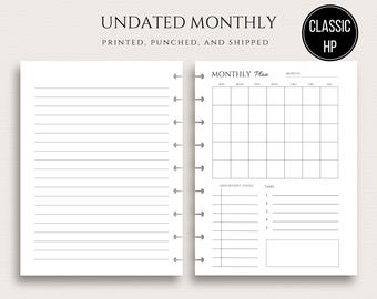 Undated Classic Happy Month on One Page Inserts MO1P Inserts for 9 Disc Planner Page Sunday Start or Monday Start