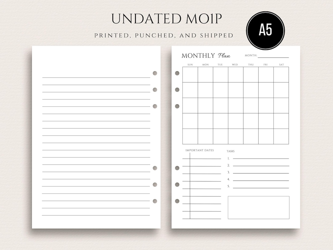 Undated A5 Month on One Page Monthly Planner Inserts Planner Inserts ...